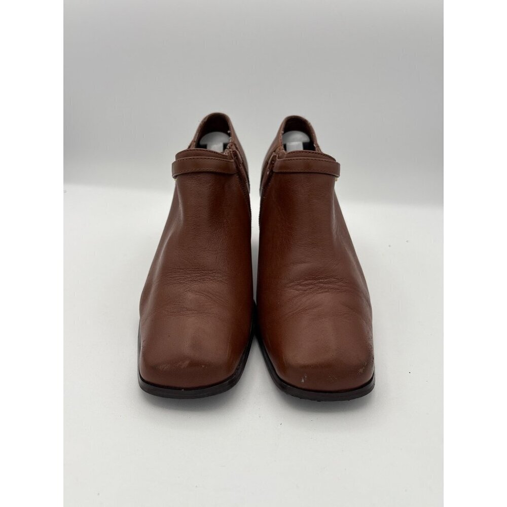 Women’s AJ Valenci Size 7 Brown Leather Heeled Ankle Boots with Gold Side Buckle